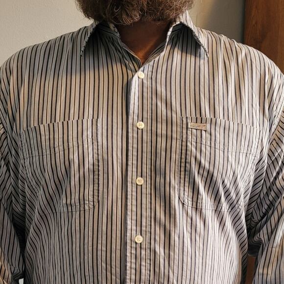 Greg Norman Pinstripe Button Down Shirt L Shark Logo Light Blue Golf Preppy - Picture 3 of 10